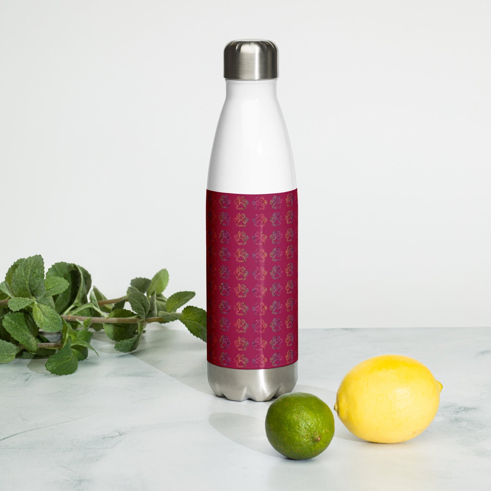Burgundy Paw Prints Stainless Steel Water Bottle - DoggyLoveandMore