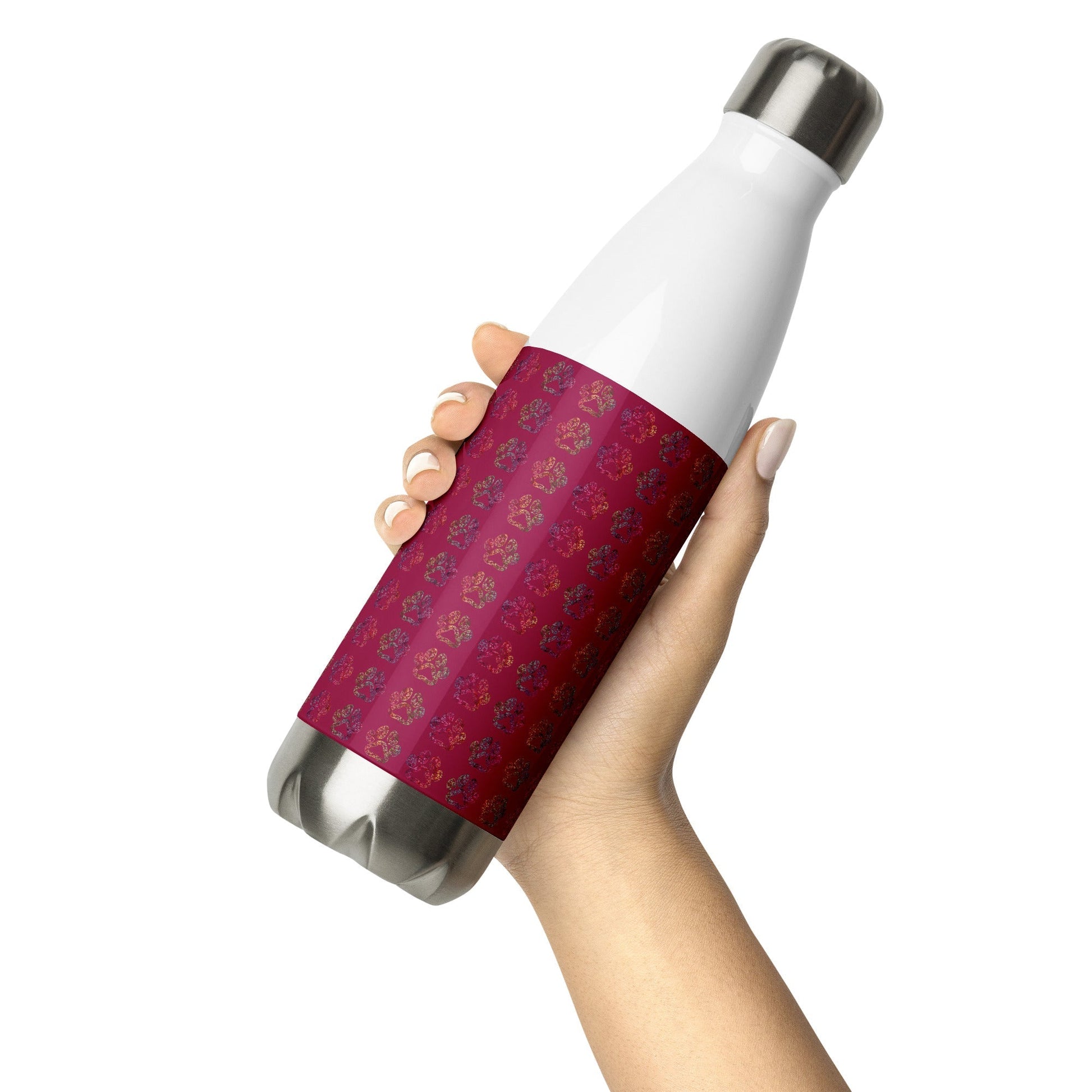 Burgundy Paw Prints Stainless Steel Water Bottle - DoggyLoveandMore