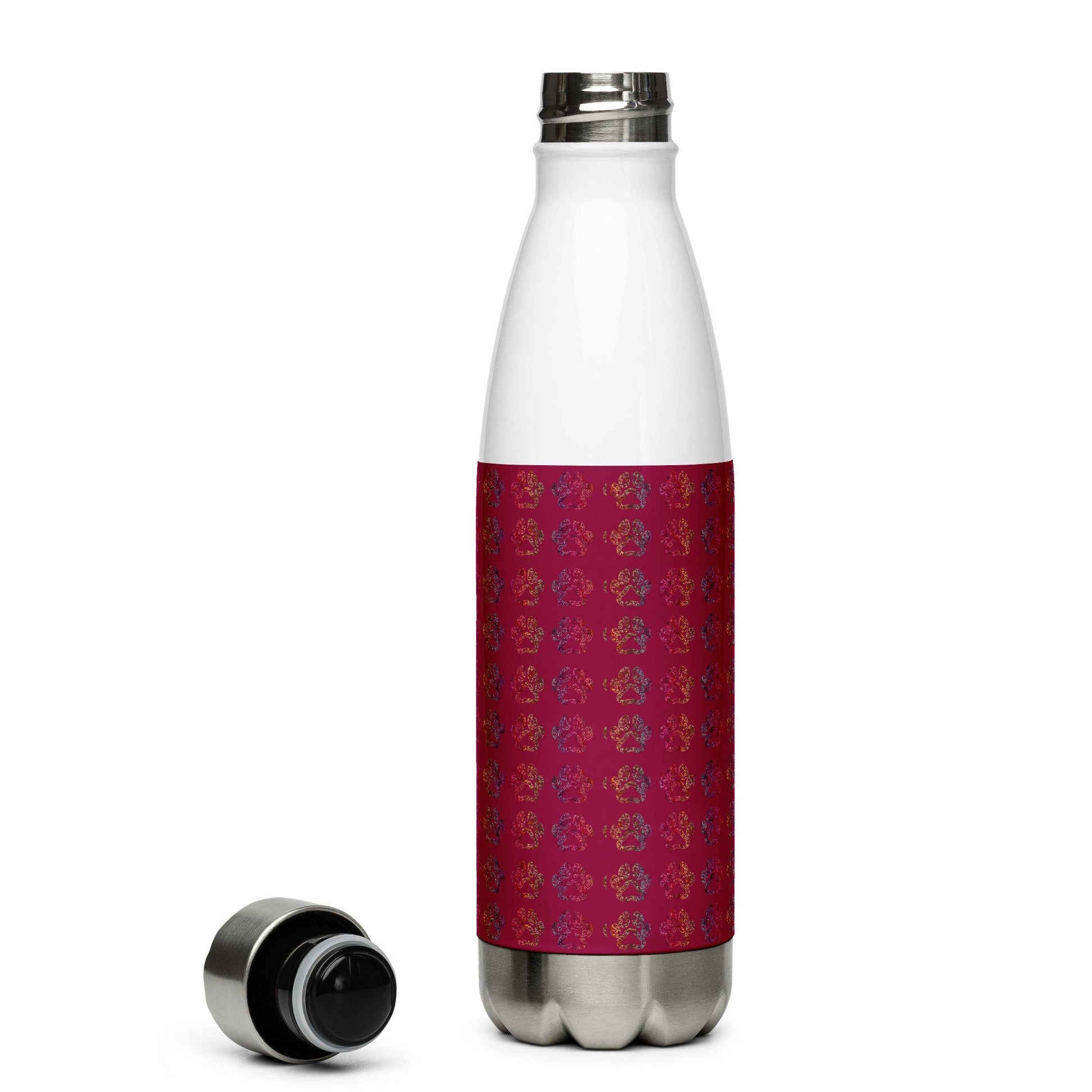 Burgundy Paw Prints Stainless Steel Water Bottle - DoggyLoveandMore