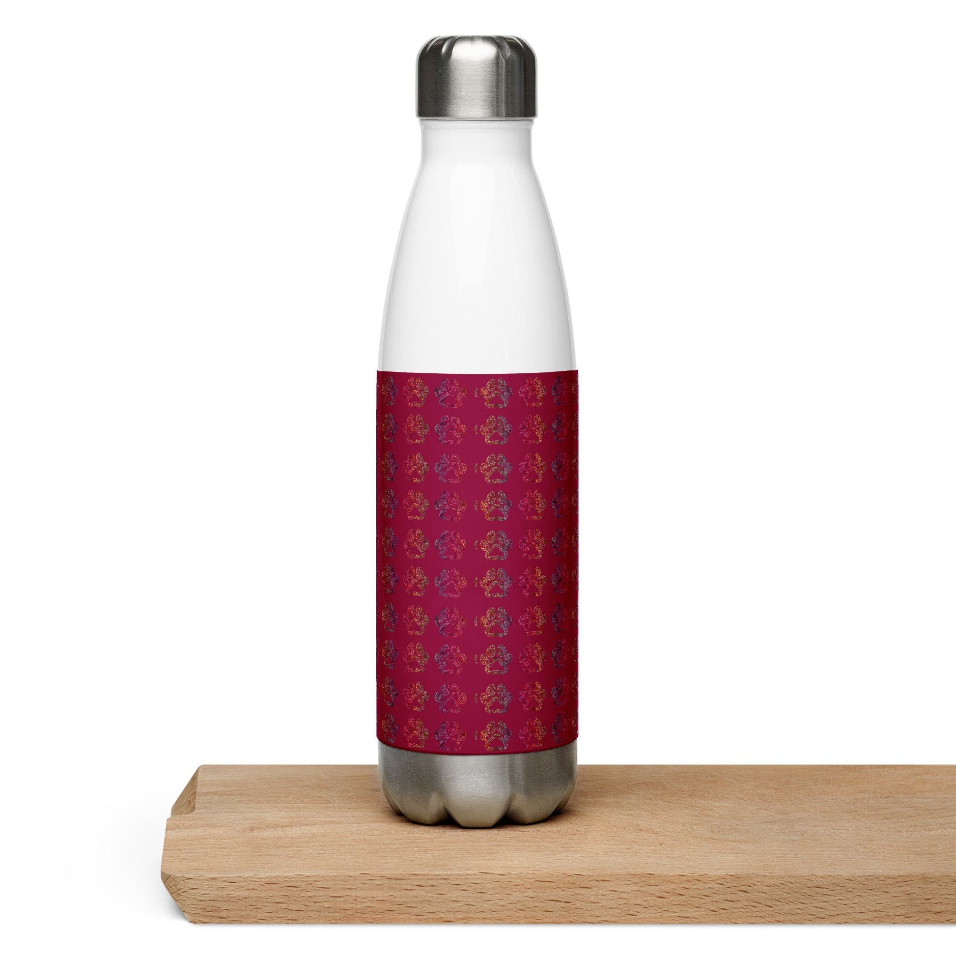 Burgundy Paw Prints Stainless Steel Water Bottle - DoggyLoveandMore