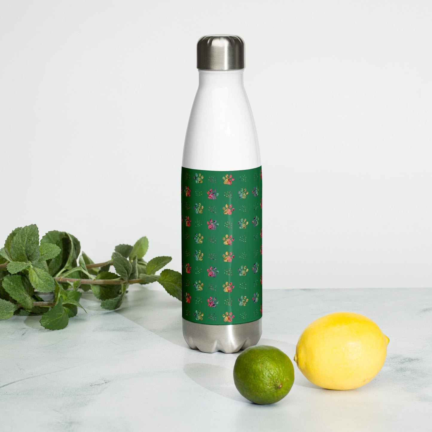 Dark Green Paw Prints Stainless Steel Water Bottle - DoggyLoveandMore