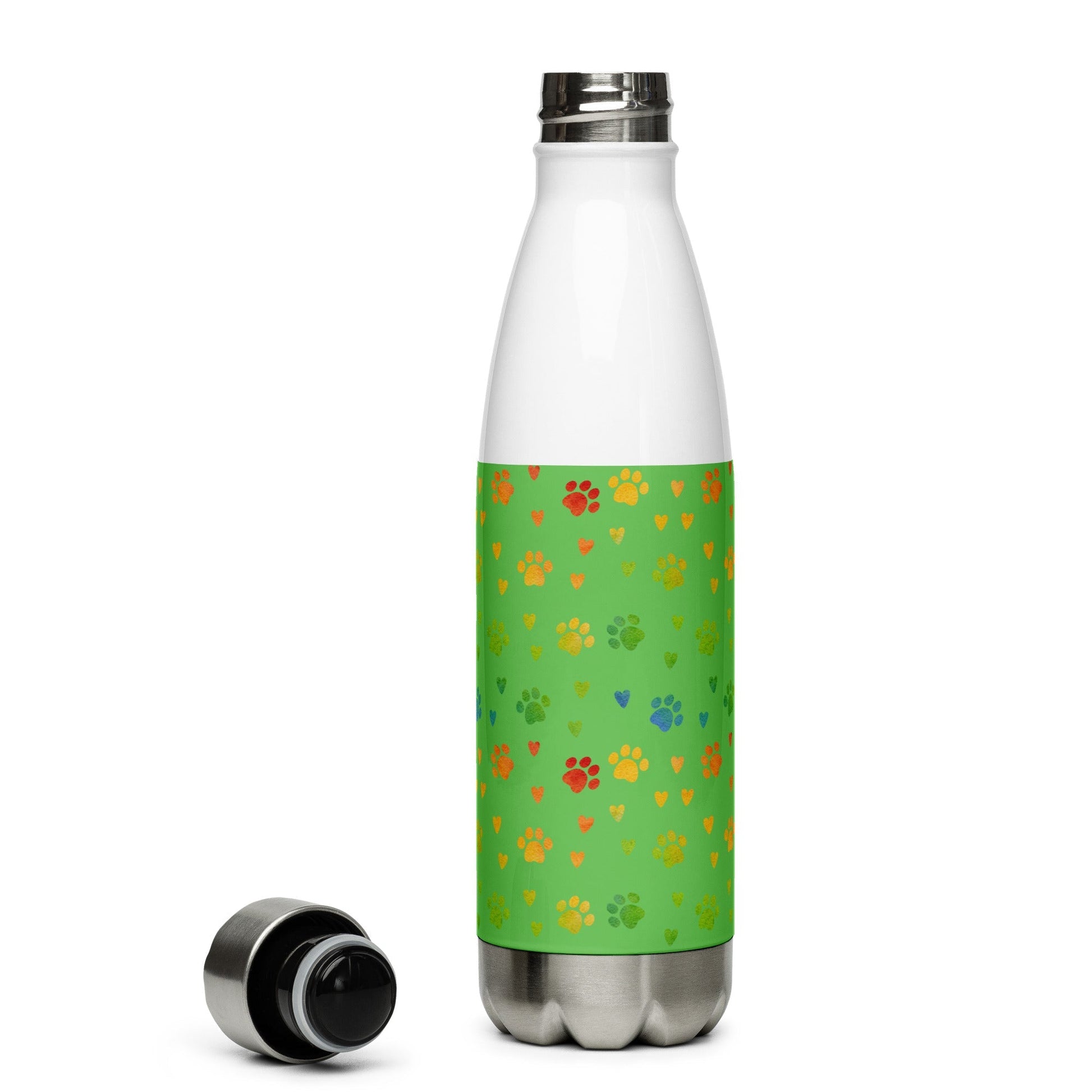 Green Paw Prints Stainless Steel Water Bottle - DoggyLoveandMore