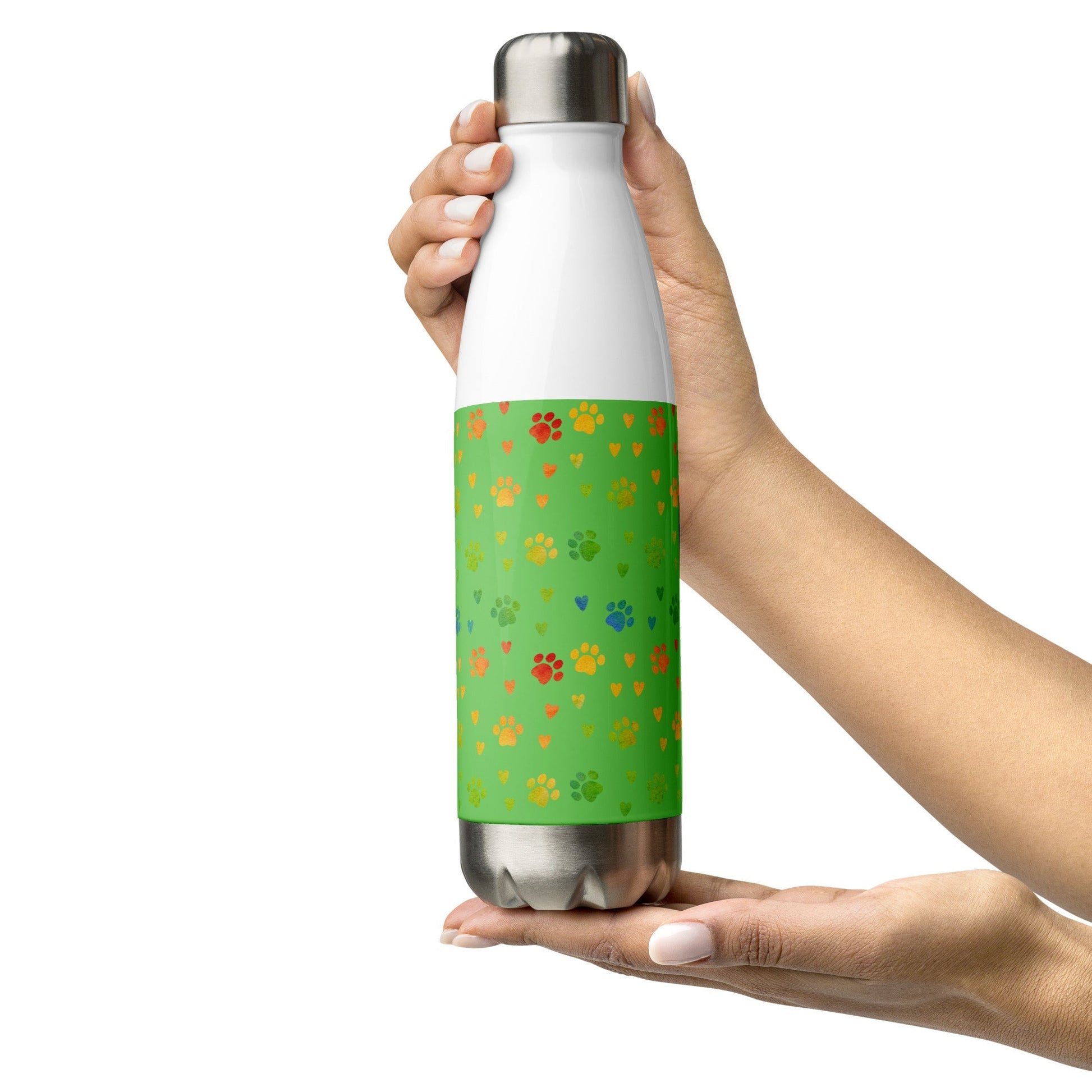 Green Paw Prints Stainless Steel Water Bottle - DoggyLoveandMore