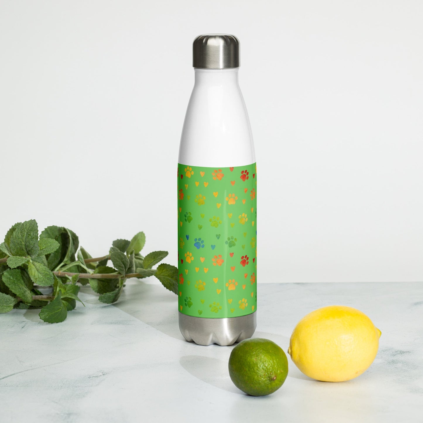 Green Paw Prints Stainless Steel Water Bottle - DoggyLoveandMore