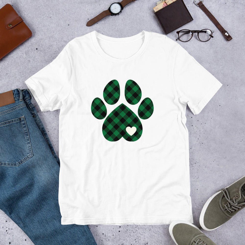 Green Plaid Dog Paw T-Shirt - DoggyLoveandMore