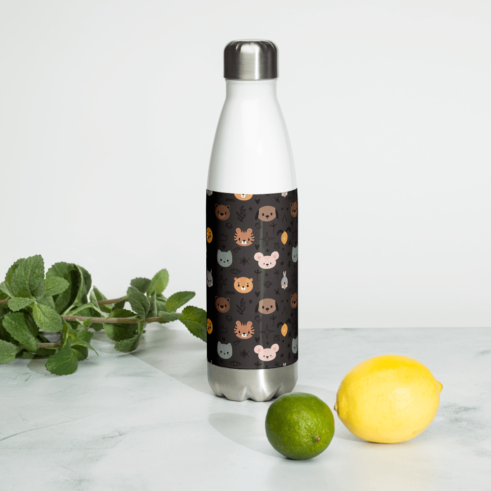 Grey Animal Faces Stainless Steel Water Bottle - DoggyLoveandMore