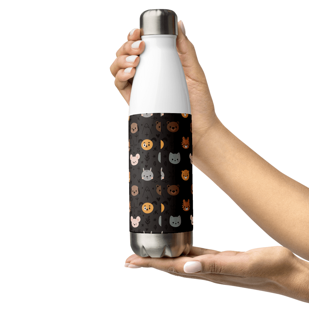 Grey Animal Faces Stainless Steel Water Bottle - DoggyLoveandMore