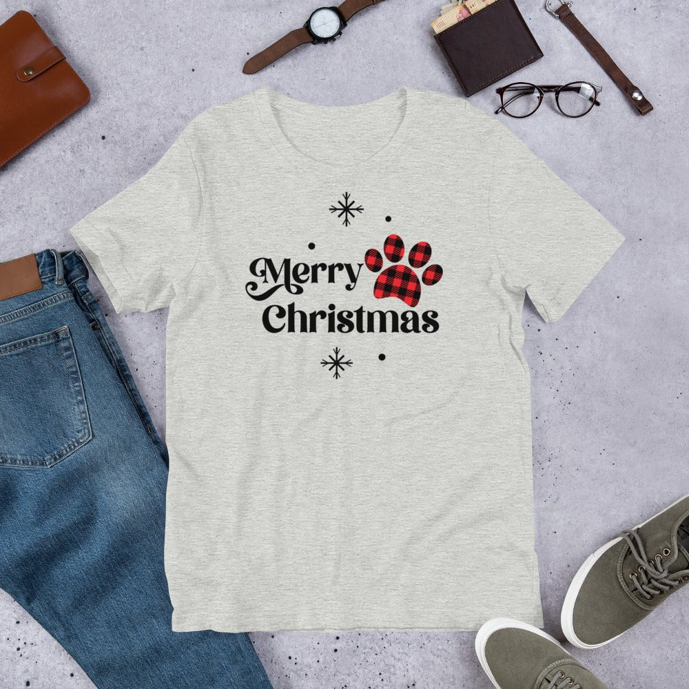 Merry Christmas Plaid Paw T-Shirt - DoggyLoveandMore