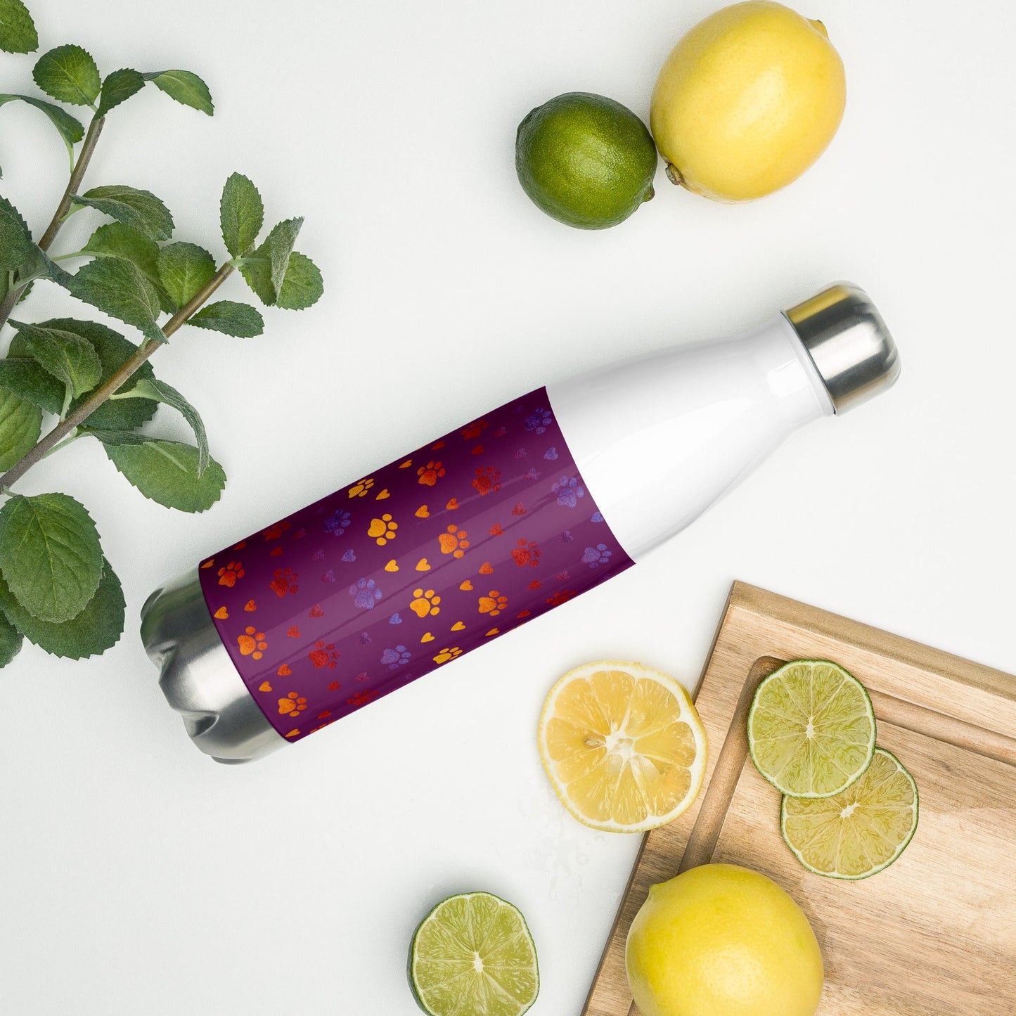 Purple Paw Prints Stainless Steel Water Bottle-DoggyLoveandMore