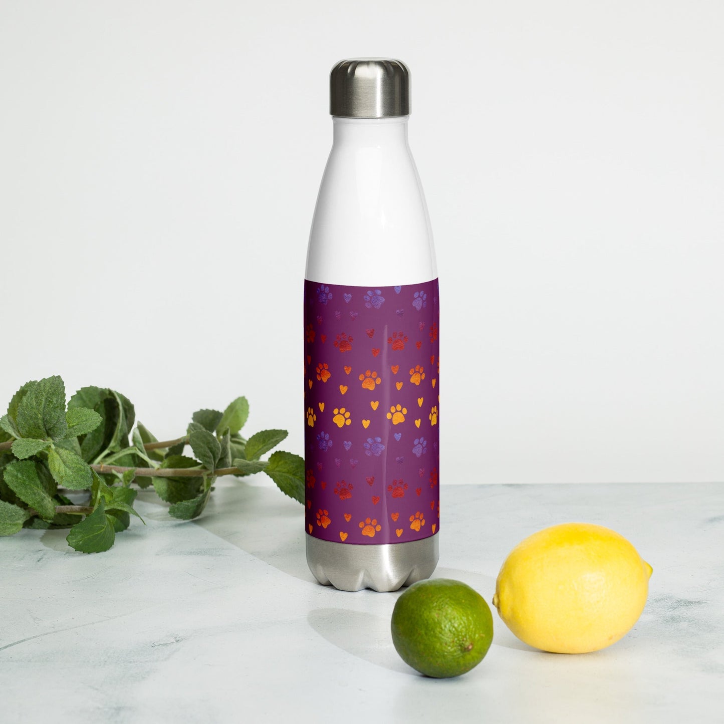 Purple Paw Prints Stainless Steel Water Bottle-DoggyLoveandMore