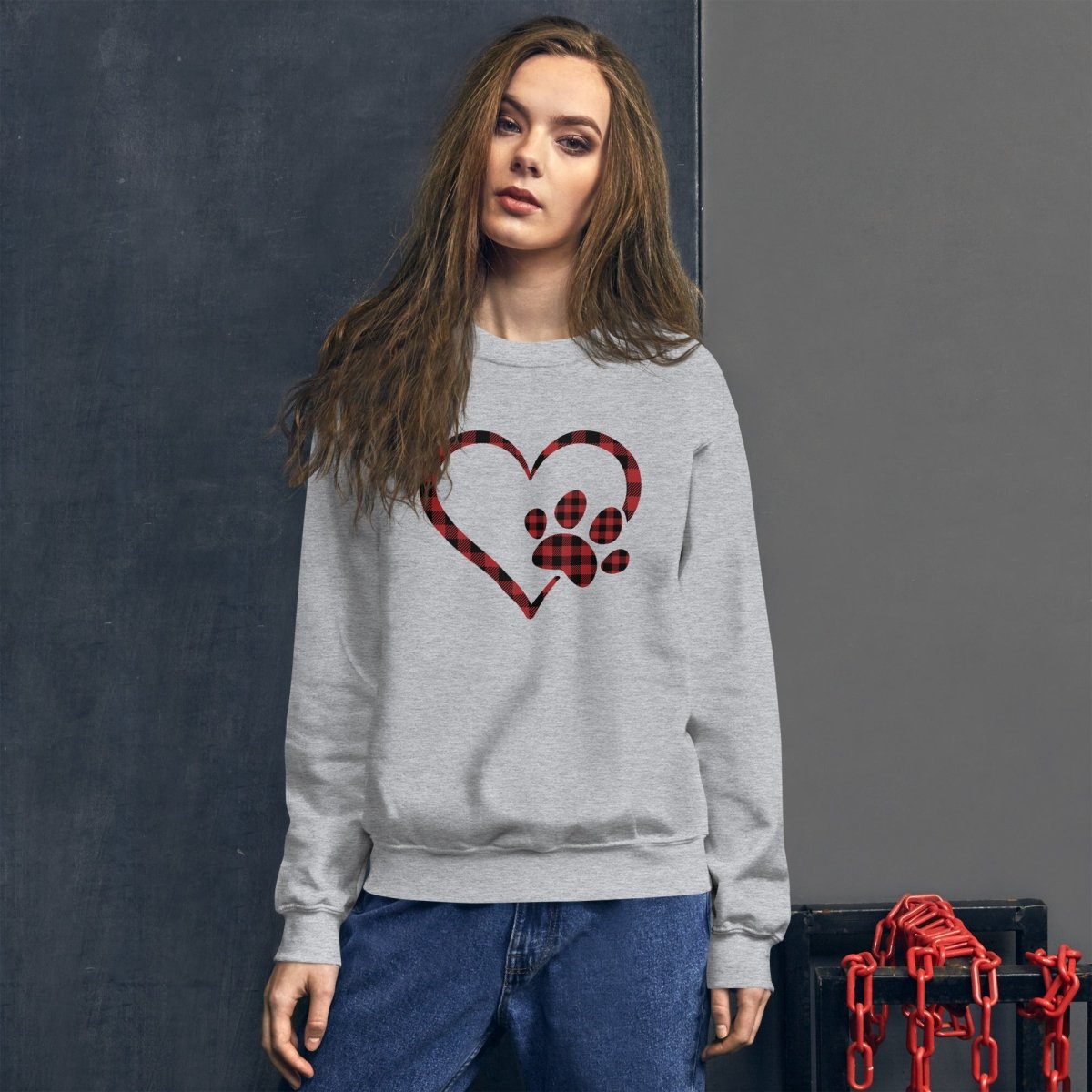 Red Plaid Heart and Paw Sweatshirt - DoggyLoveandMore