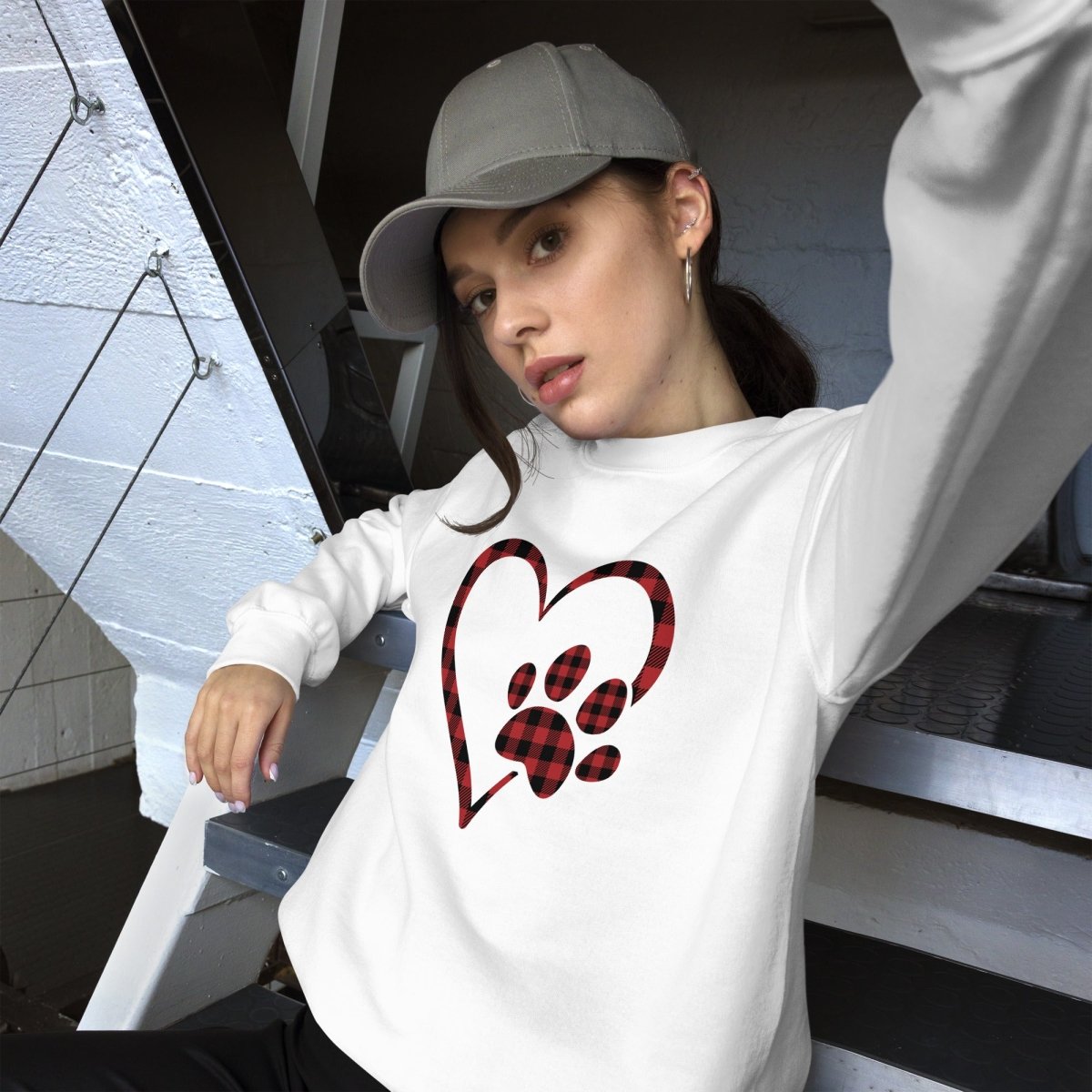 Red Plaid Heart and Paw Sweatshirt - DoggyLoveandMore