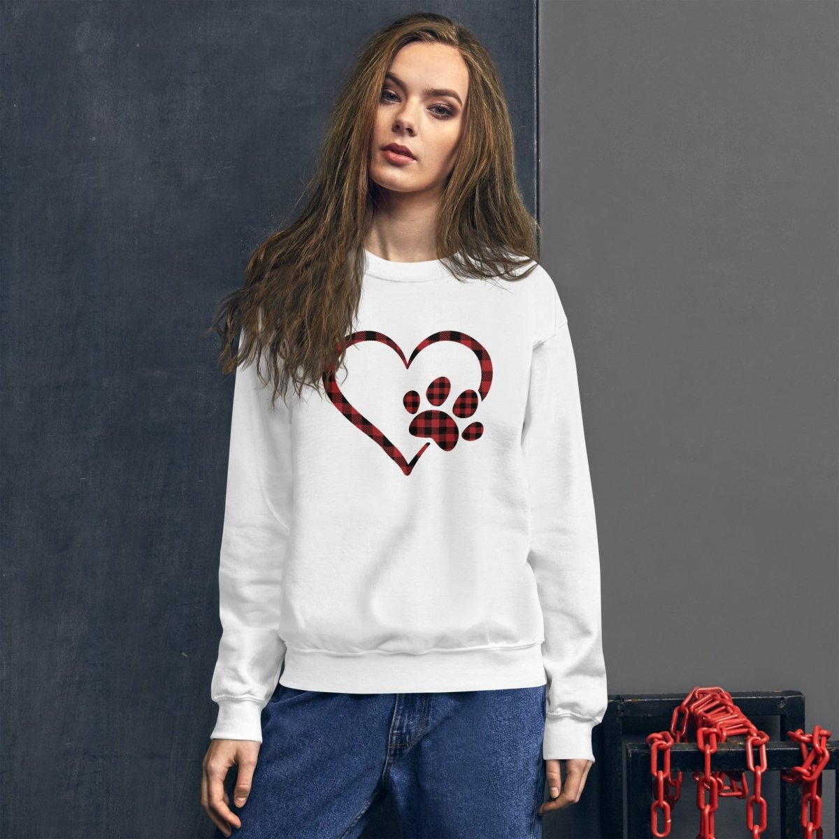 Red Plaid Heart and Paw Sweatshirt - DoggyLoveandMore