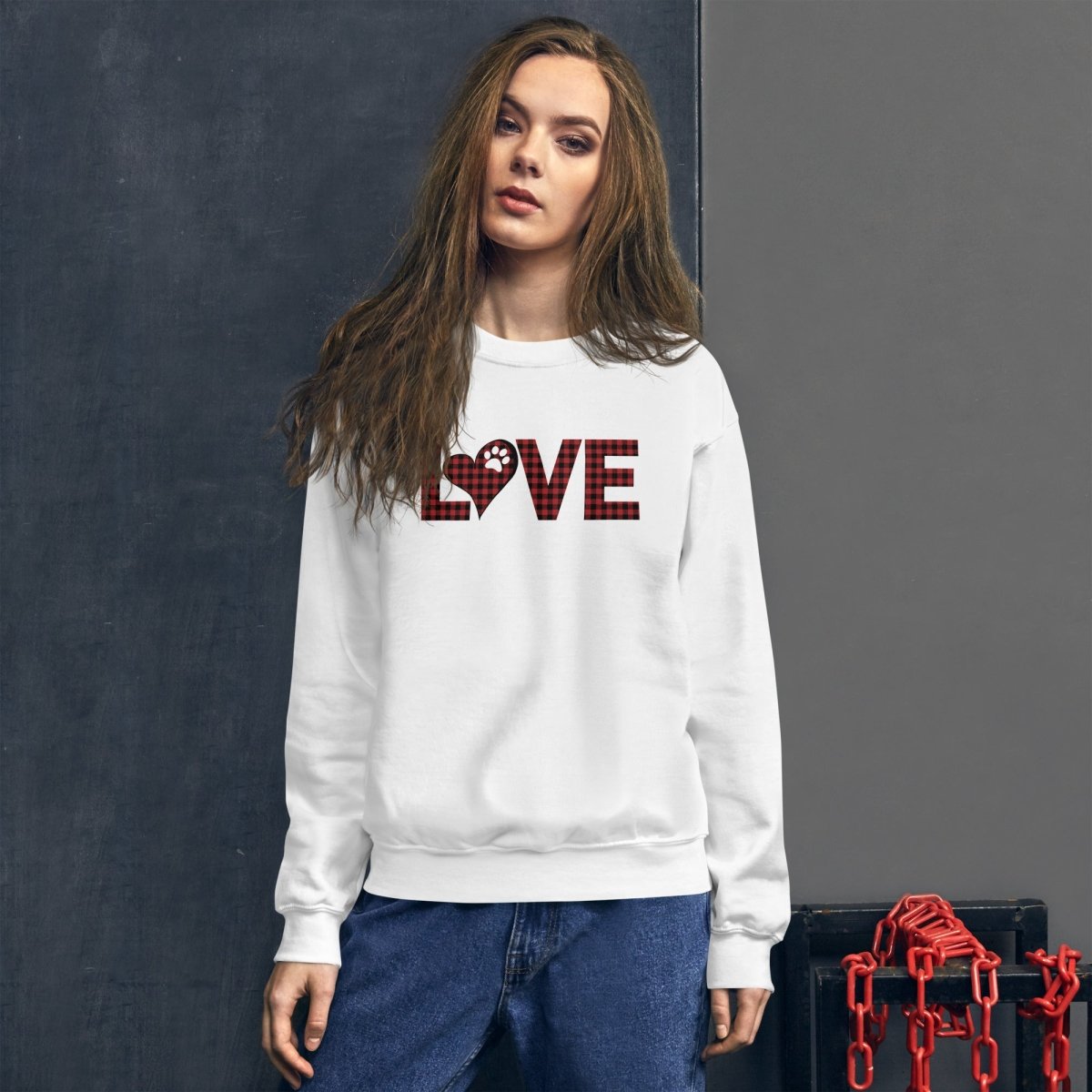 Red Plaid LOVE Paw Sweatshirt - DoggyLoveandMore