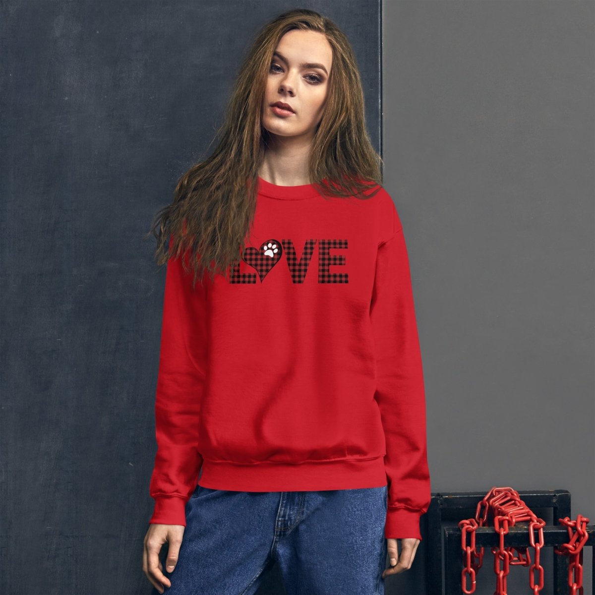 Red Plaid LOVE Paw Sweatshirt - DoggyLoveandMore