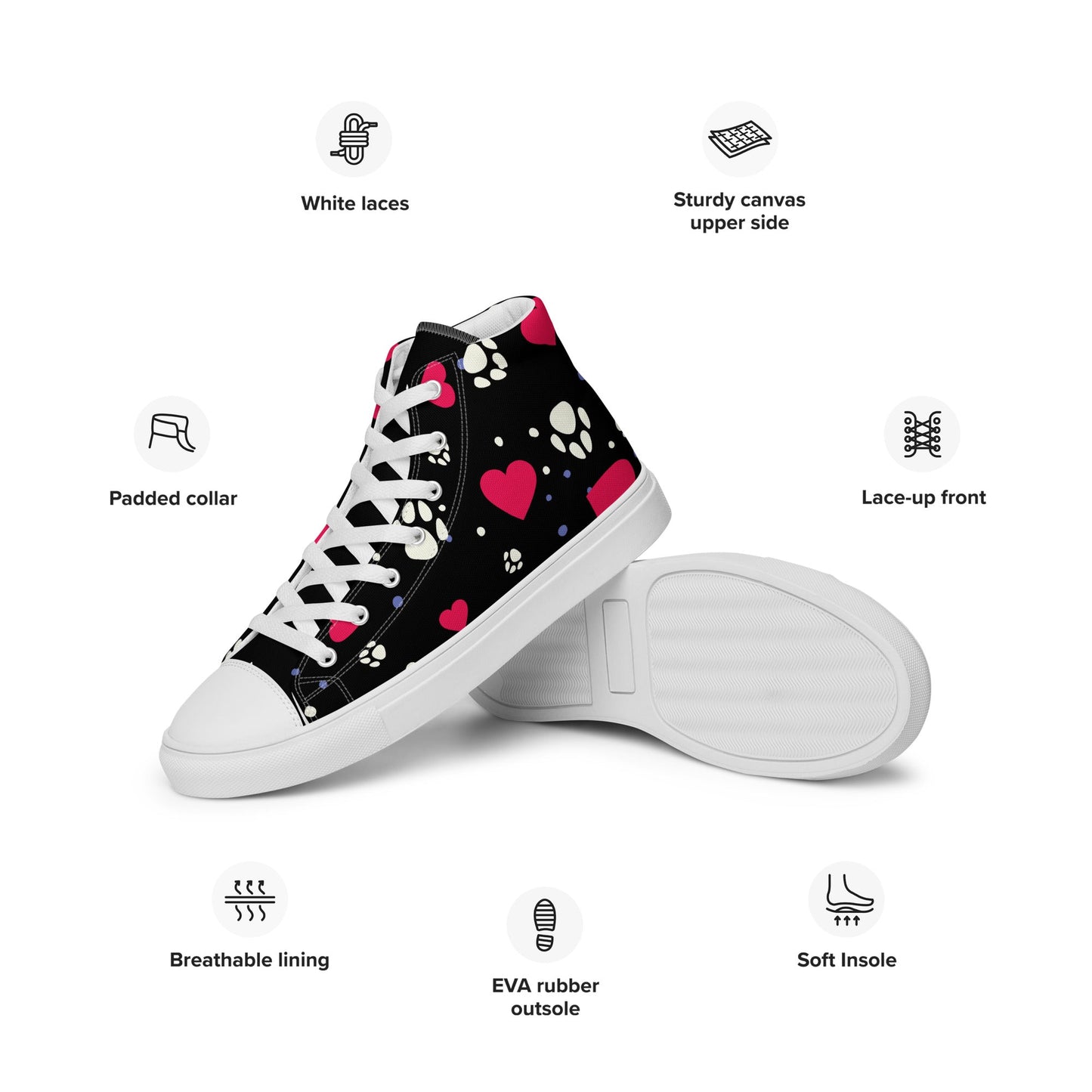 Women's Black Hearts and Paws Sneakers - DoggyLoveandMore