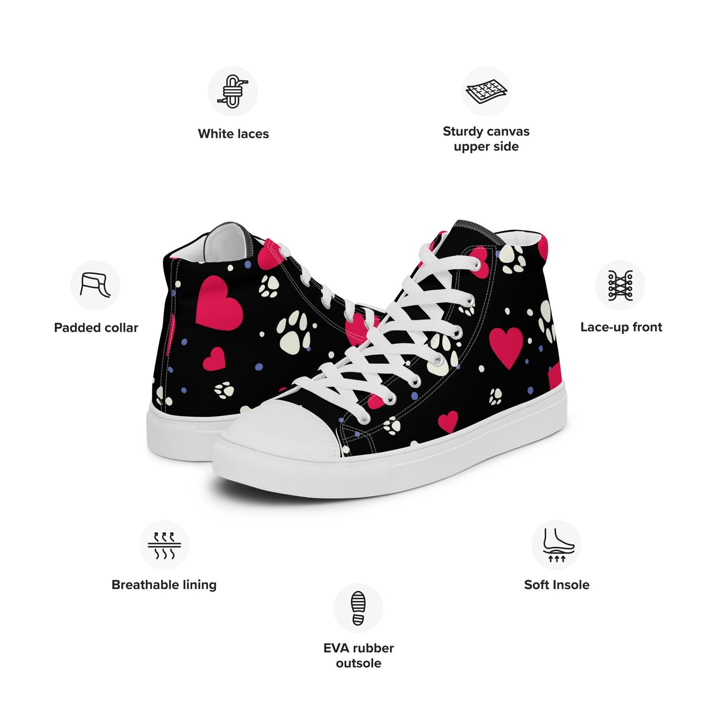 Women's Black Hearts and Paws Sneakers - DoggyLoveandMore