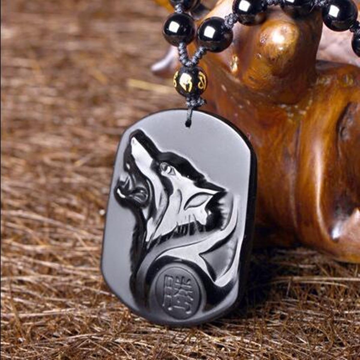 Black Obsidian Wolf Head Necklace - DoggyLoveandMore