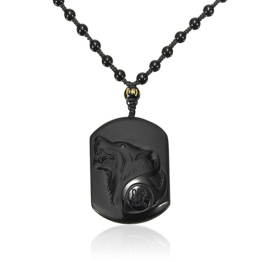 Black Obsidian Wolf Head Necklace - DoggyLoveandMore