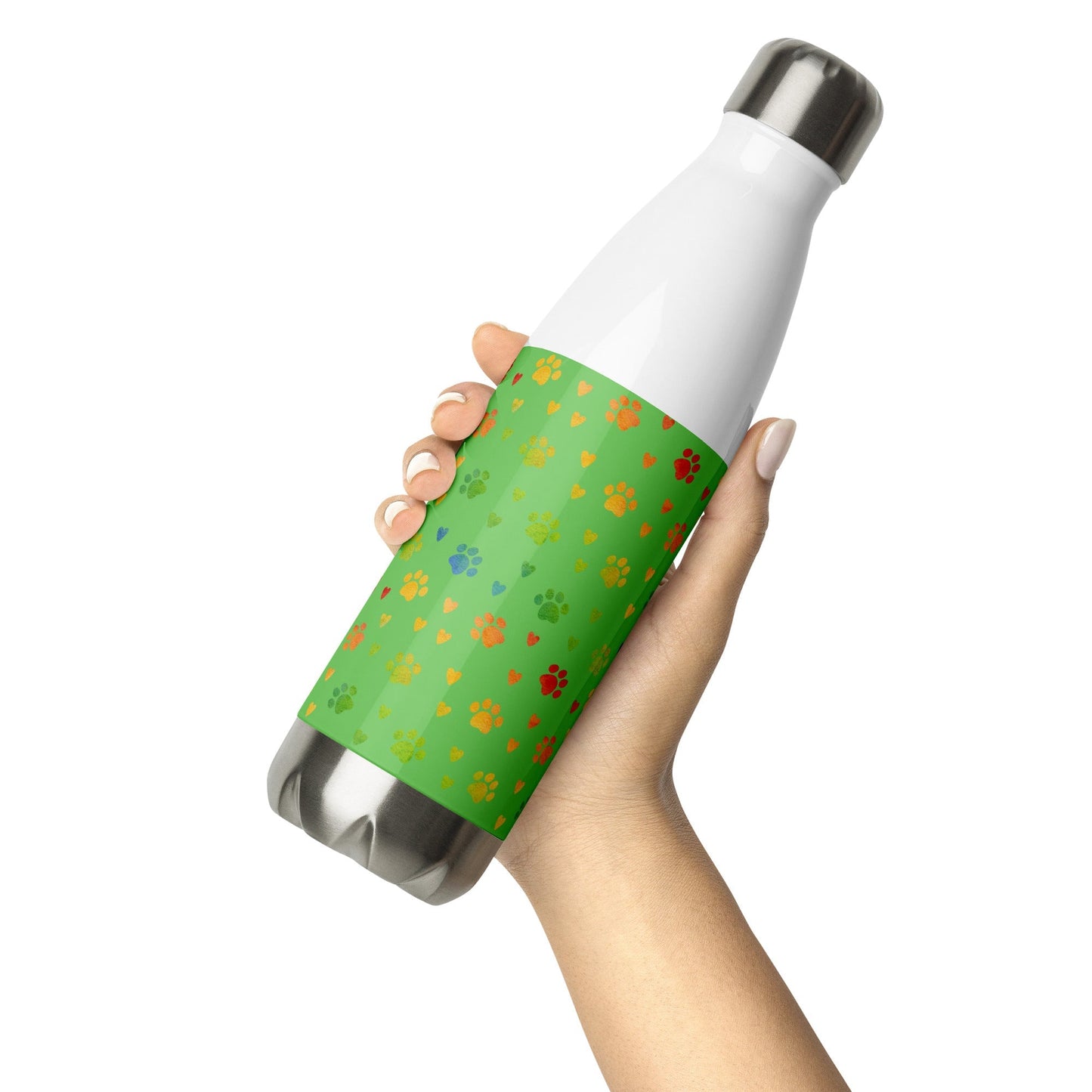 Green Paw Prints Stainless Steel Water Bottle - DoggyLoveandMore
