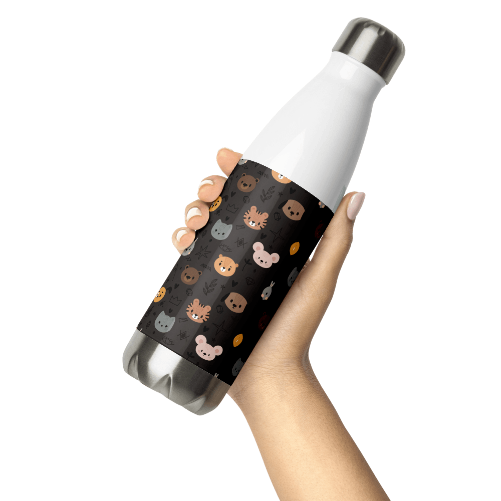 Grey Animal Faces Stainless Steel Water Bottle - DoggyLoveandMore