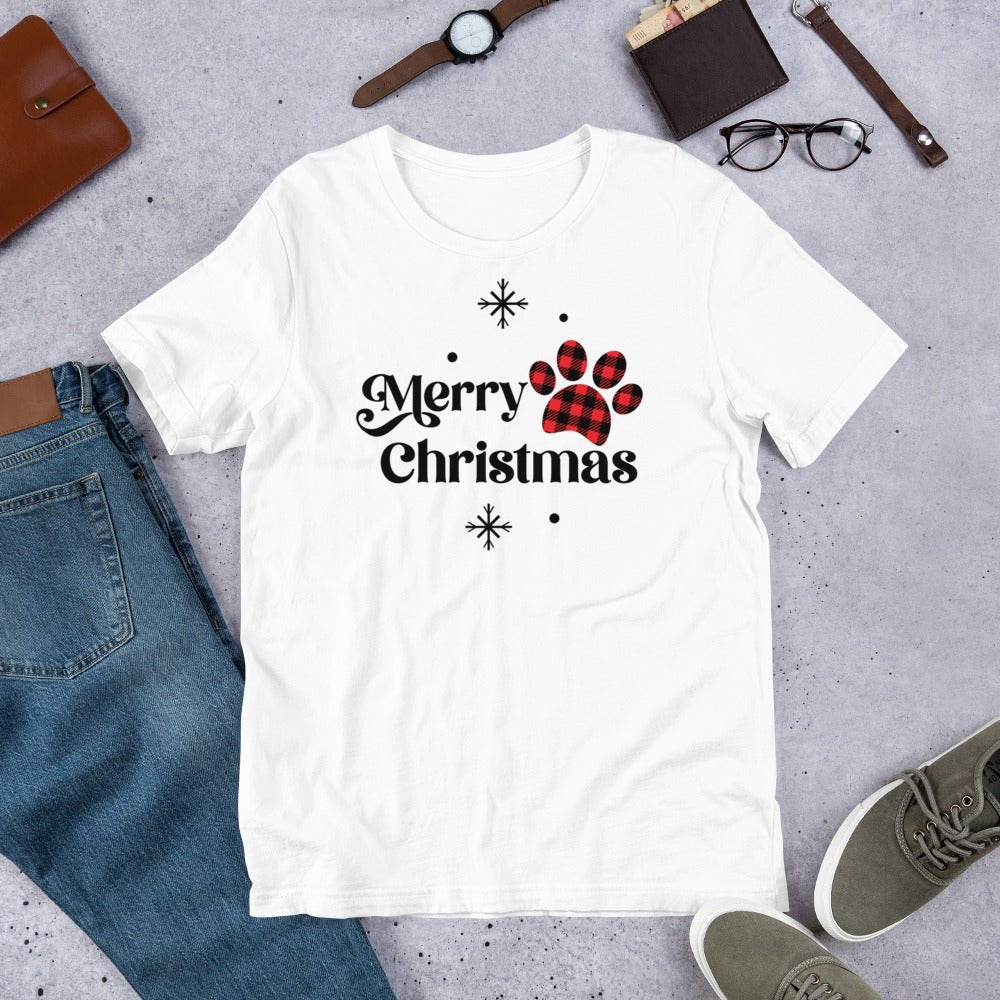 Merry Christmas Plaid Paw T-Shirt - DoggyLoveandMore